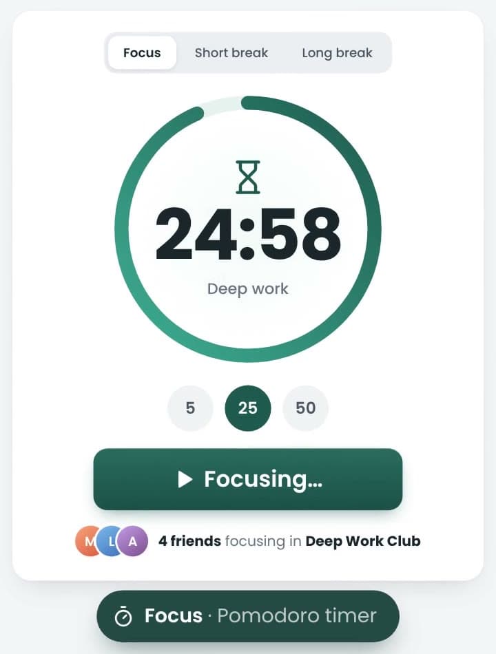 The FocusCrew timer: 25 minutes selected from 5, 25 and 50, the countdown at 24:58, and the Focusing button.